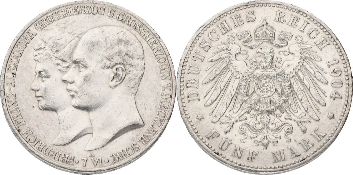 German states. Mecklenburg-Schwerin. Friedrich Franz IV. 5 Francs. 1904 A. VF +