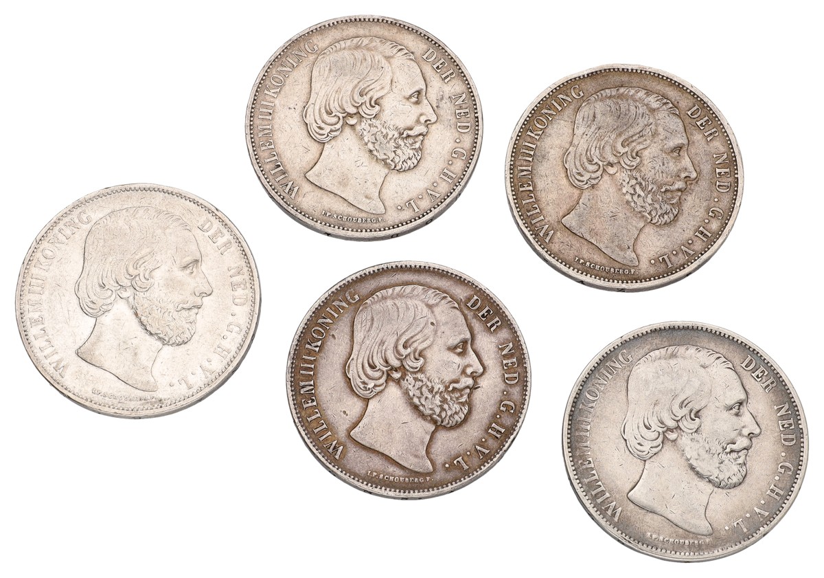 Lot (5) 2½ Gulden. Willem III. Average VF