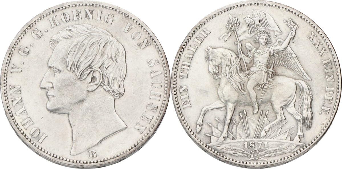 German states. Saxony. Johann. Thaler - Victory. 1871. XF