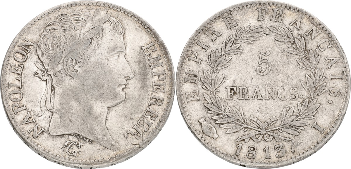 France. Napoleon !. 5 Francs. 1813 I. VF