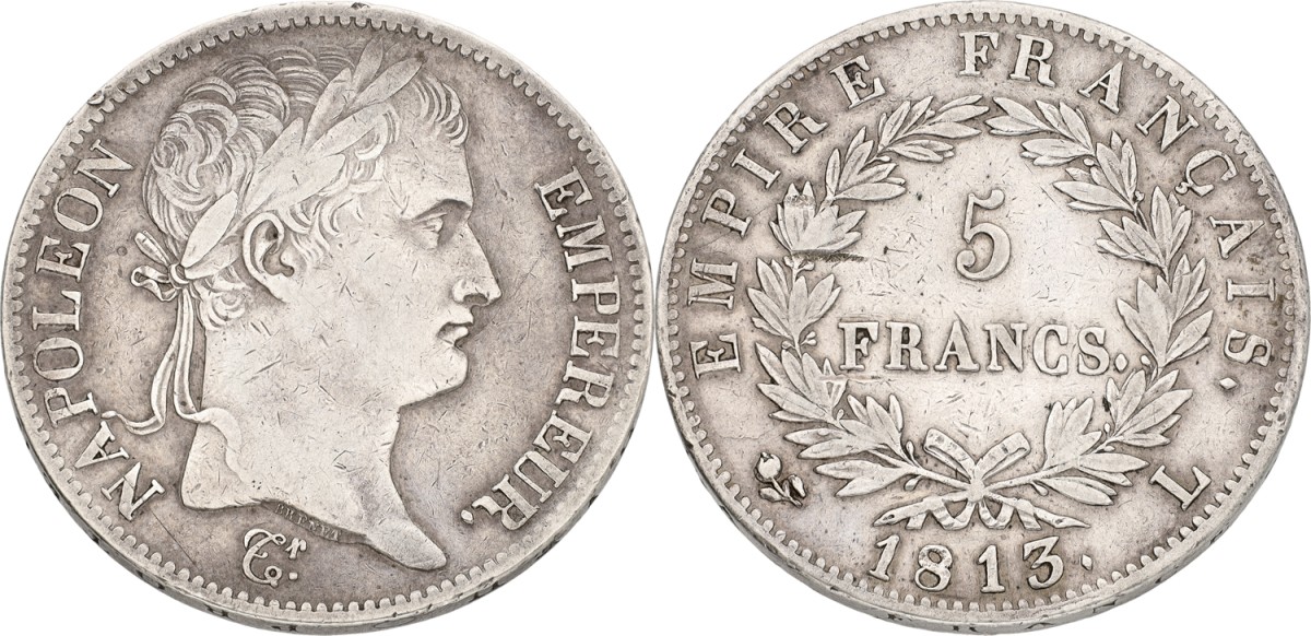 Goudwisselkantoor auction: France. Napoleon I. 5 Francs. 1813 L. VF +