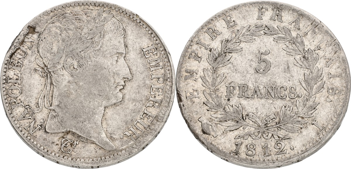 France. Napoleon I. 5 Francs. 1812 I. VF -
