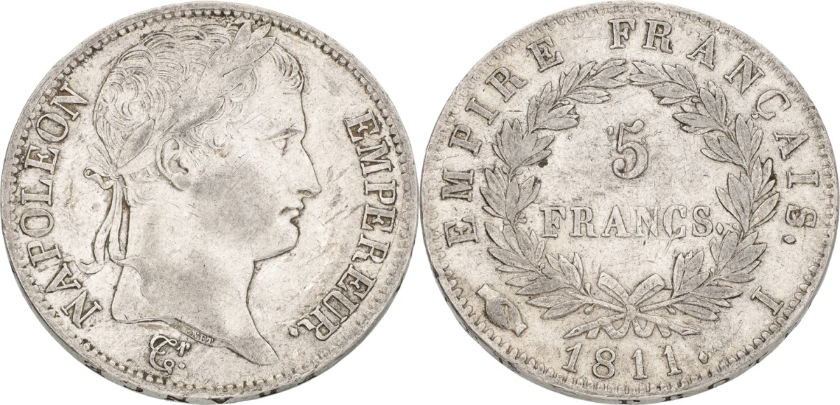 France. Napoleon I. 5 Francs. 1811 I. VF +