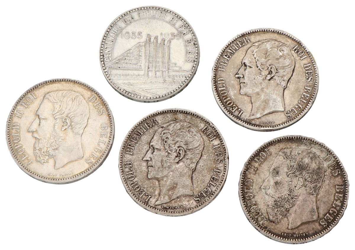 Belgium. Lot (5) 5 & 50 Francs. Average VF