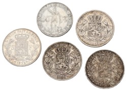 Belgium. Lot (5) 5 & 50 Francs. Average VF