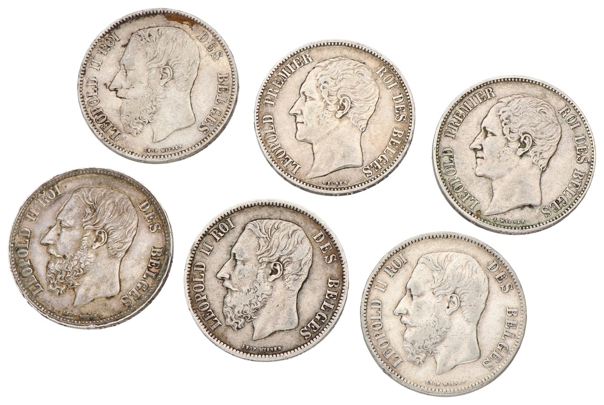Belgium. Leopold I & II. Lot (6) 5 Francs. Average VF