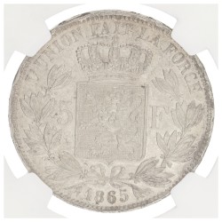 Belgium. Leopold I. 5 Francs. 1865. AU 53