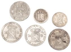 Lot (6) 1 & 2½ Gulden. Willem II & III, Wilhelmina. Average VF