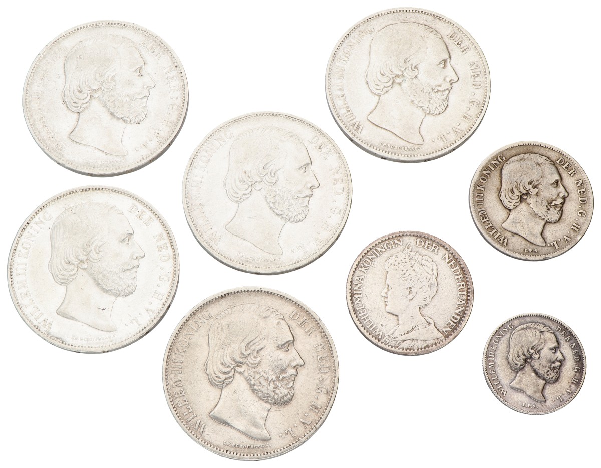 Lot (8) ½, 1 & 2½ Gulden. Willem III, Wilhelmina. Average VF