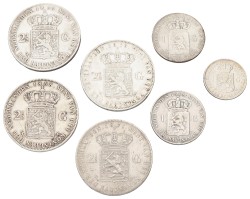 Lot (7) ½, 1 & 2½ Gulden. Willem II & III, Wilhelmina. Average VF