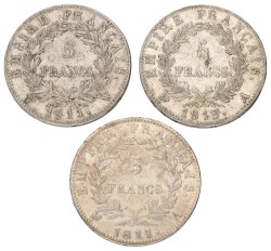 France. Napoleon. Lot (3) 5 Francs. Average VF