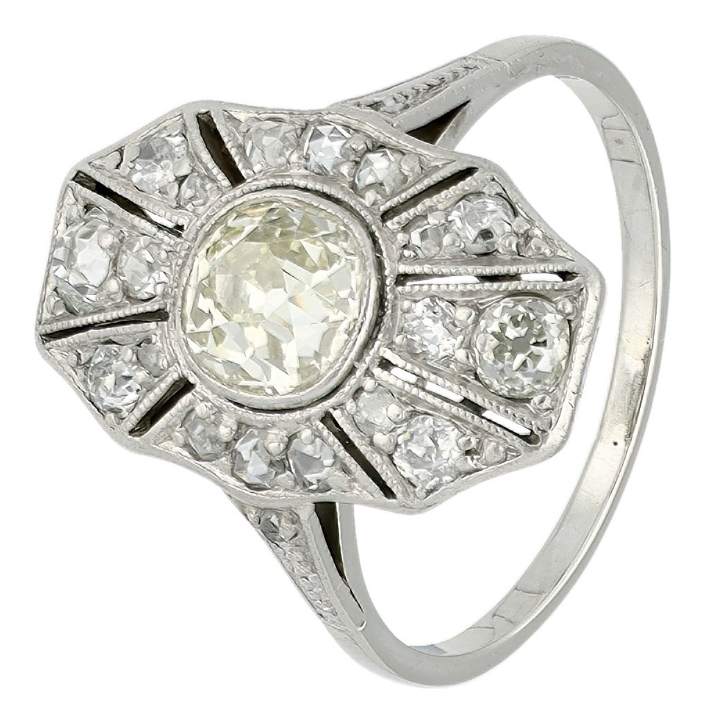 Gouden-platina Art Deco ring bezet met ca. 0.78 ct. diamant