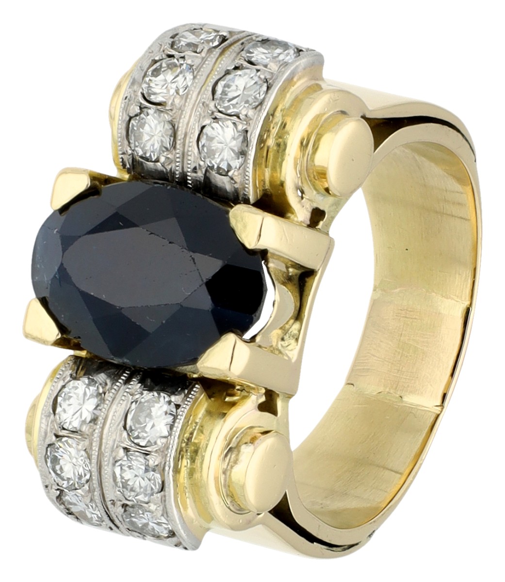 18K geelgouden tankring bezet met ca. 4.93 ct saffier en diamanten 