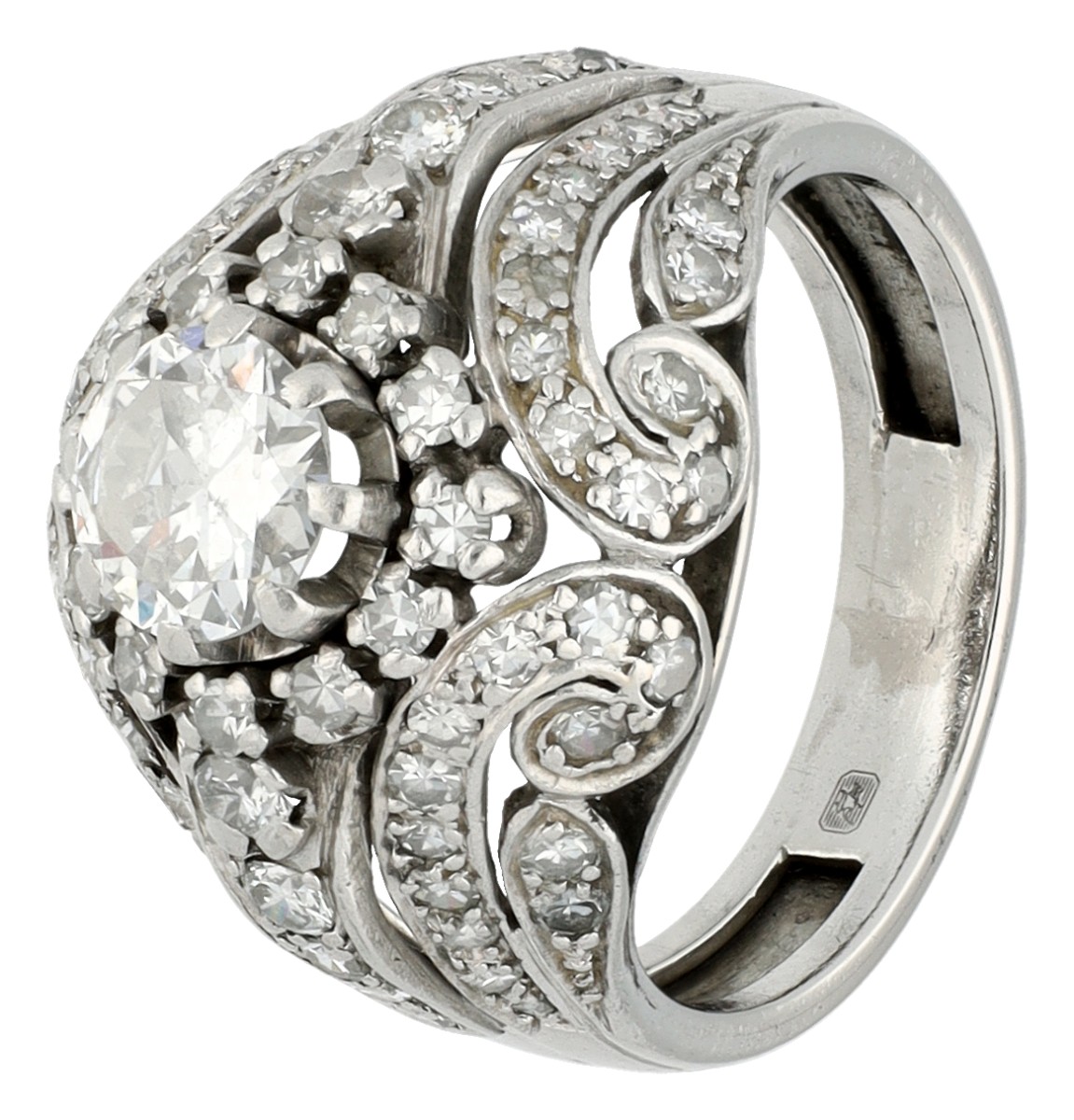 Platina open gewerkte ring bezet met diamanten 