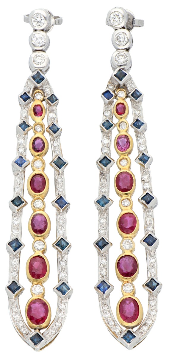 18K bicolor gouden oorhangers bezet met diamant, saffier en robijn