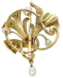 18K geelgouden Art Nouveau hanger met emaille en cultivé parels