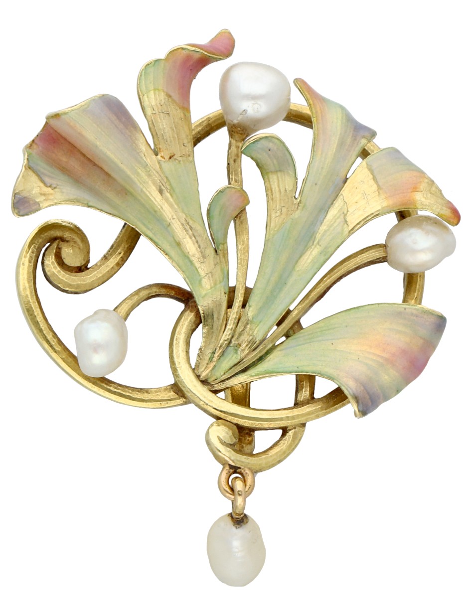 18K geelgouden Art Nouveau hanger met emaille en cultivé parels