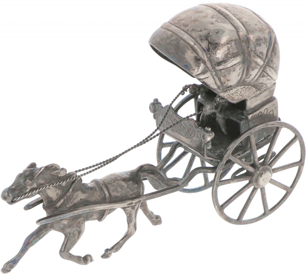 Miniatuur paard en rijtuig zilver.