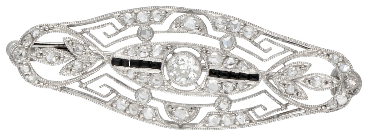Platina Art Deco broche met diamant en onyx