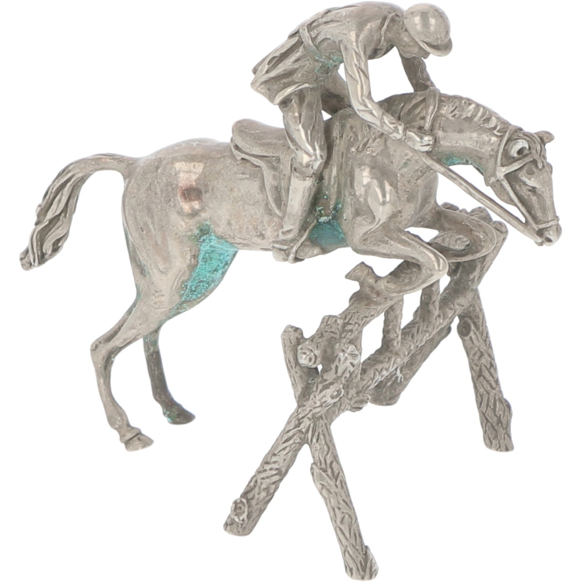 Miniatuur paard met jockey zilver.