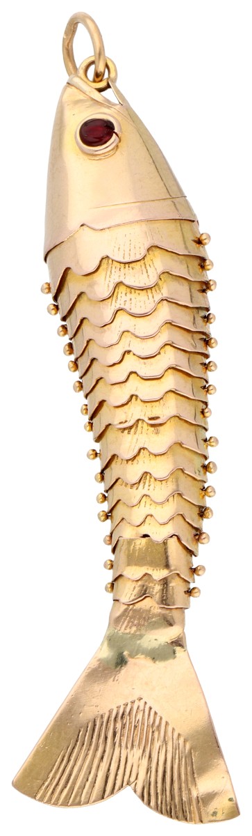 18K geelgouden flexibele vis hanger met robijnen