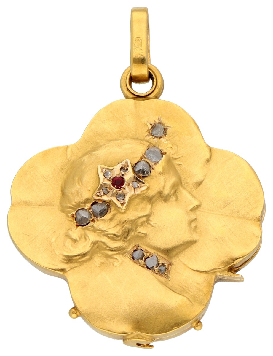 14K geelgouden Art Nouveau schuifmedaillon bezet met diamant