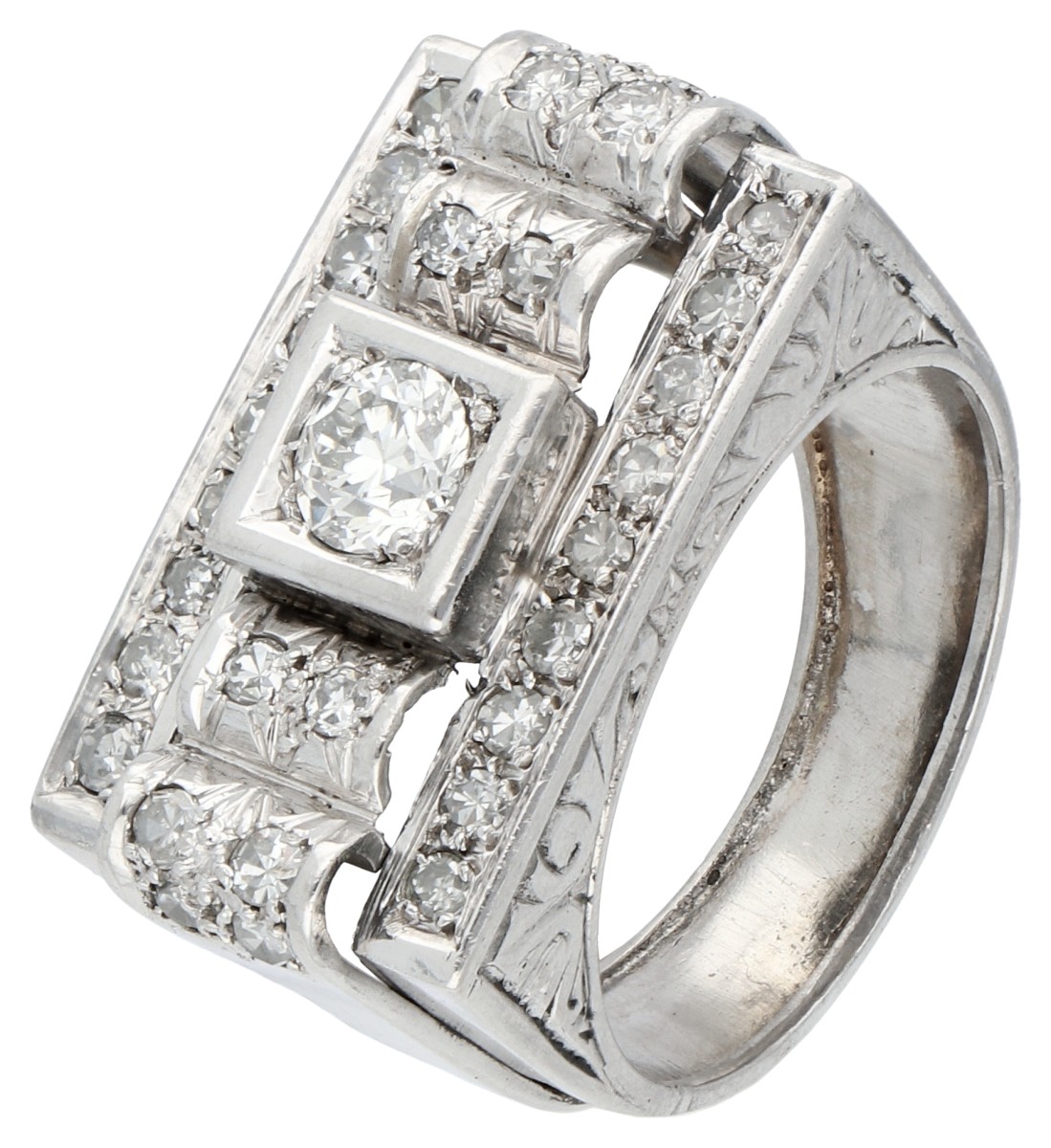 Platina Retro tankring bezet met totaal ca. 0.81 ct. diamant


