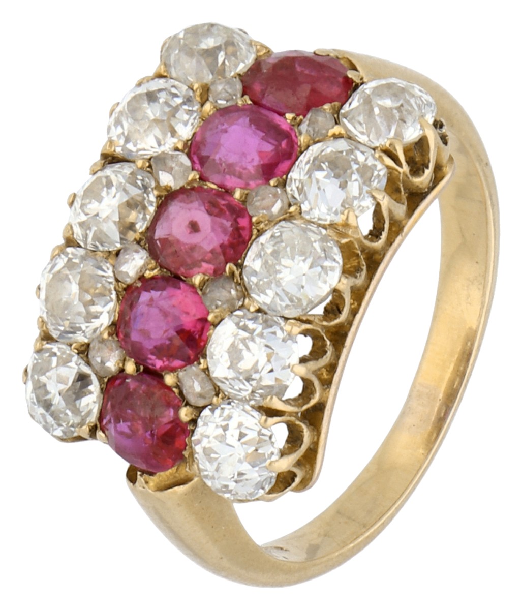 18K geelgouden ring bezet met diamant en robijn