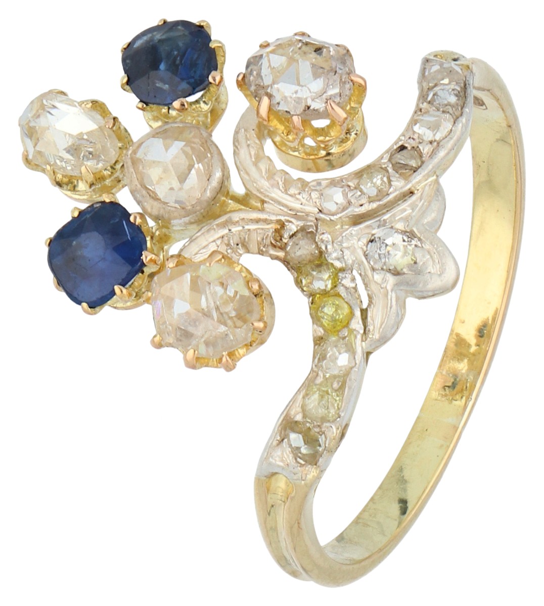 14K geelgouden ring bezet met diamant en saffier