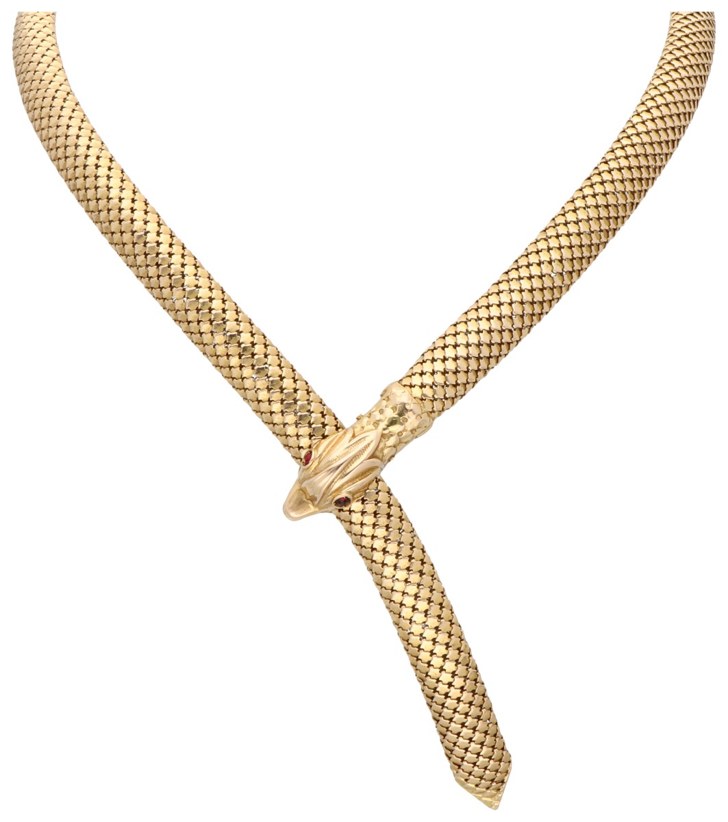 18K geelgouden slangen collier bezet granaten