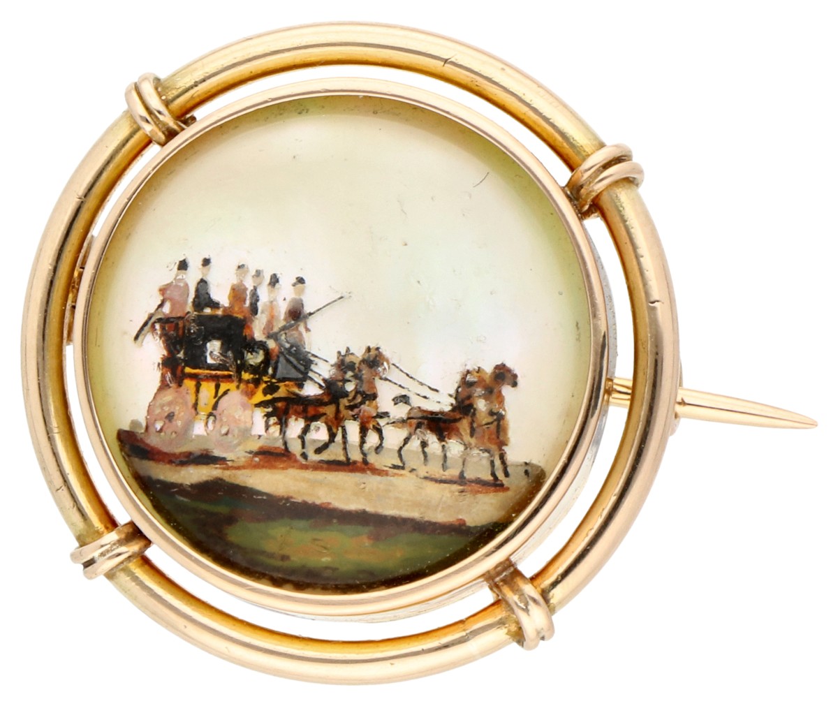 14K antieke broche 'REVERSED INTAGLIO' broche van paard en wagen 
