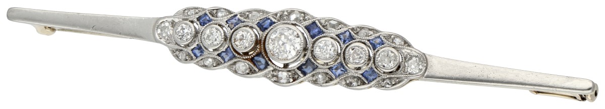 Gouden- platina broche bezet met diamanten en saffier