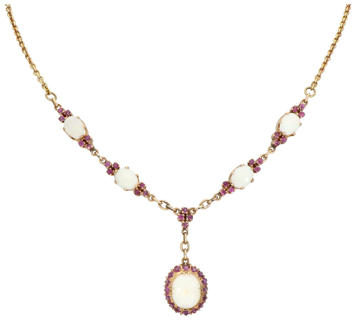 14K geelgouden collier bezet met opaal en robijn