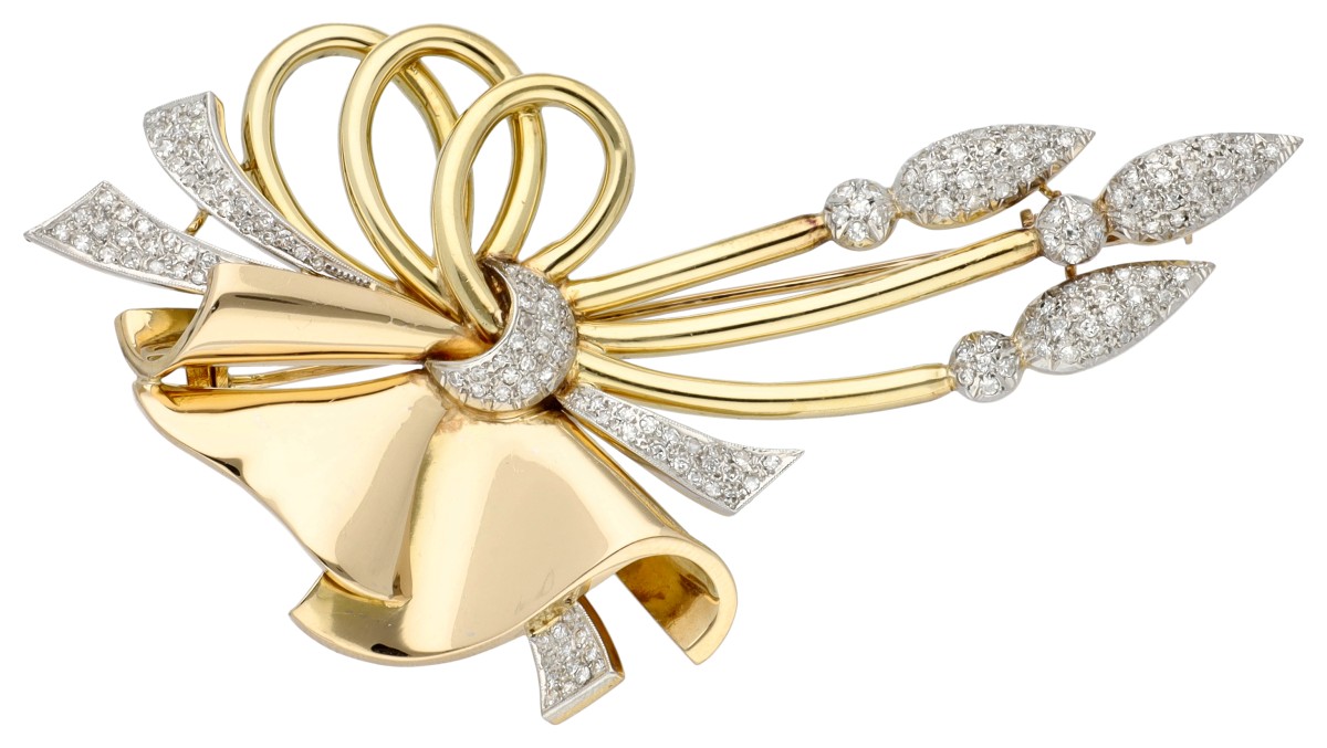 18K geelgouden broche bezet met ca. 1.68 ct. diamanten