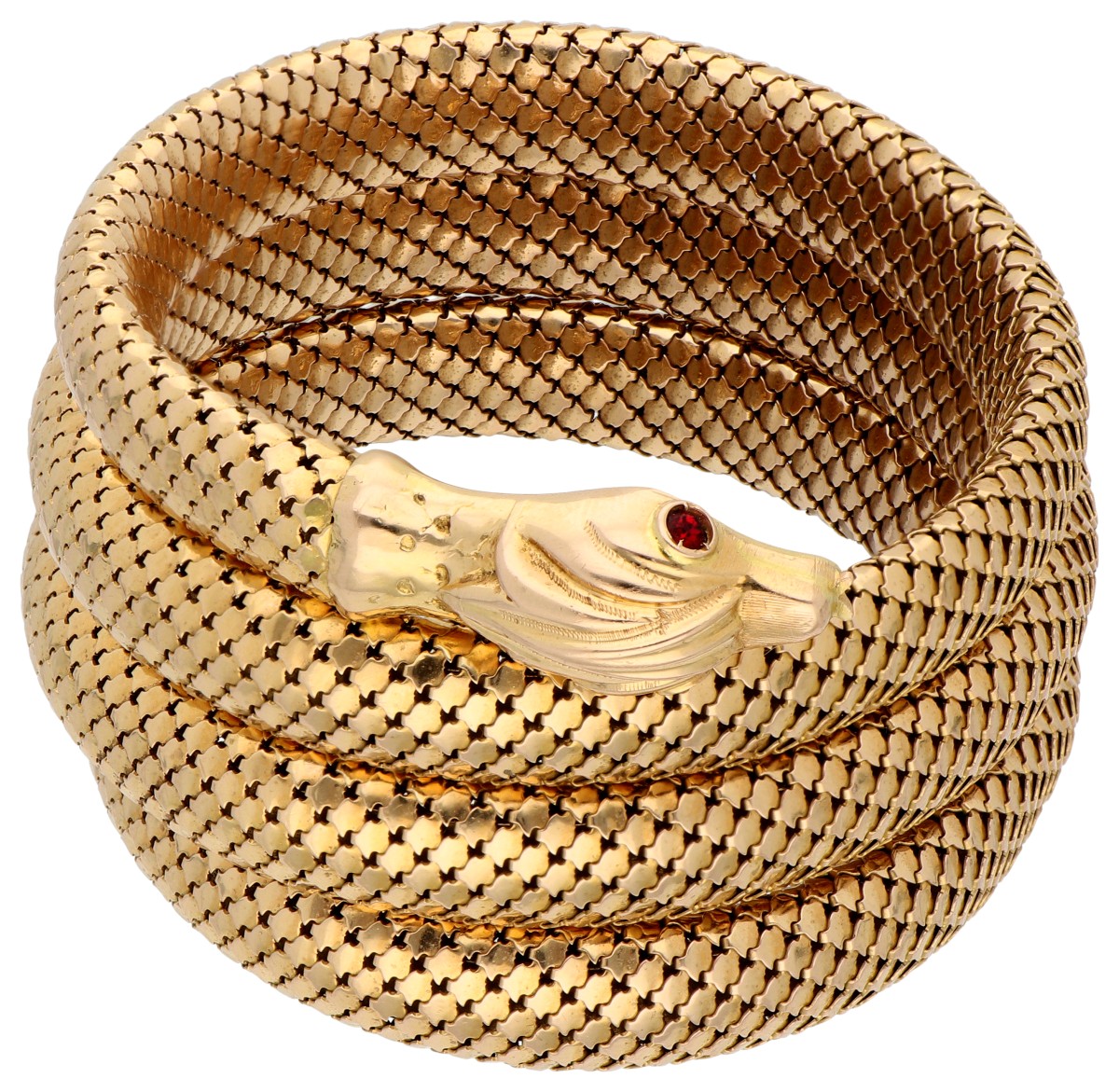 18K geelgouden slangen armband bezet met granaten