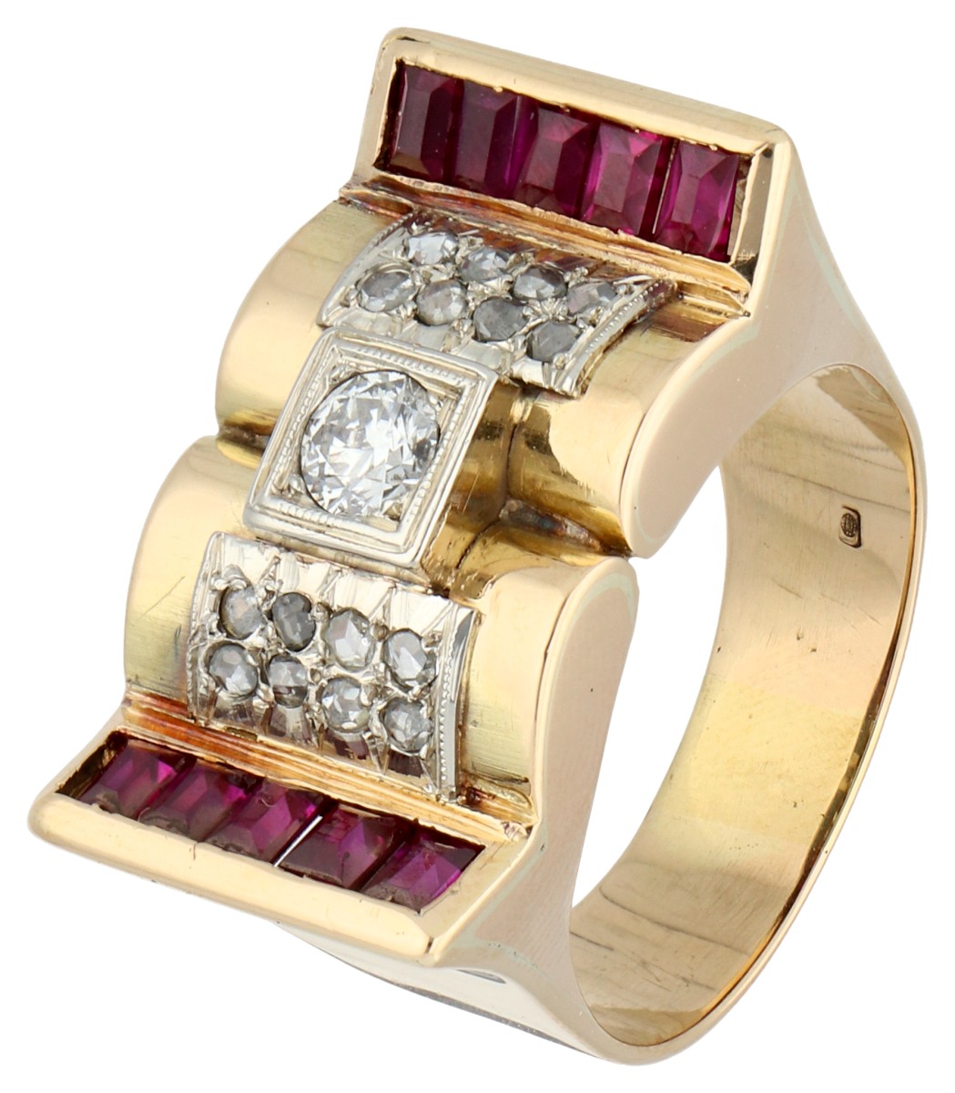 14K geelgouden Art Deco Tank ring bezet met diamant en robijn
