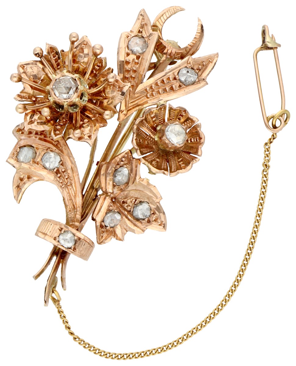 14K roségouden bloemen broche met diamanten