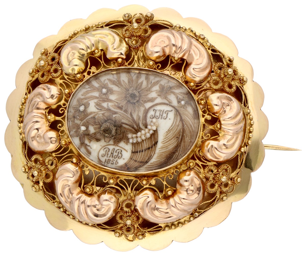 14K geelgouden antieke herinneringsbroche uit 1856.