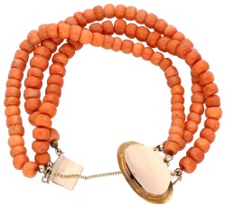 14K geelgouden drie-rijige armband bloedkoraal