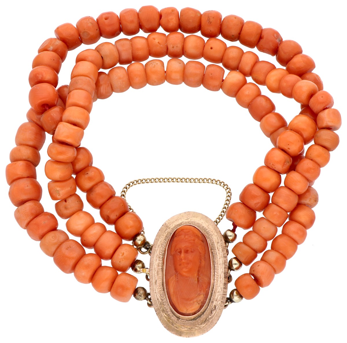 14K geelgouden drie-rijige armband bloedkoraal