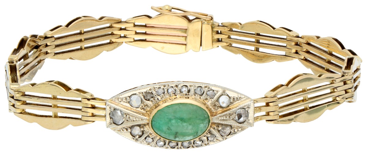 14K geelgouden  vintage armband bezet met  smaragd en diamant