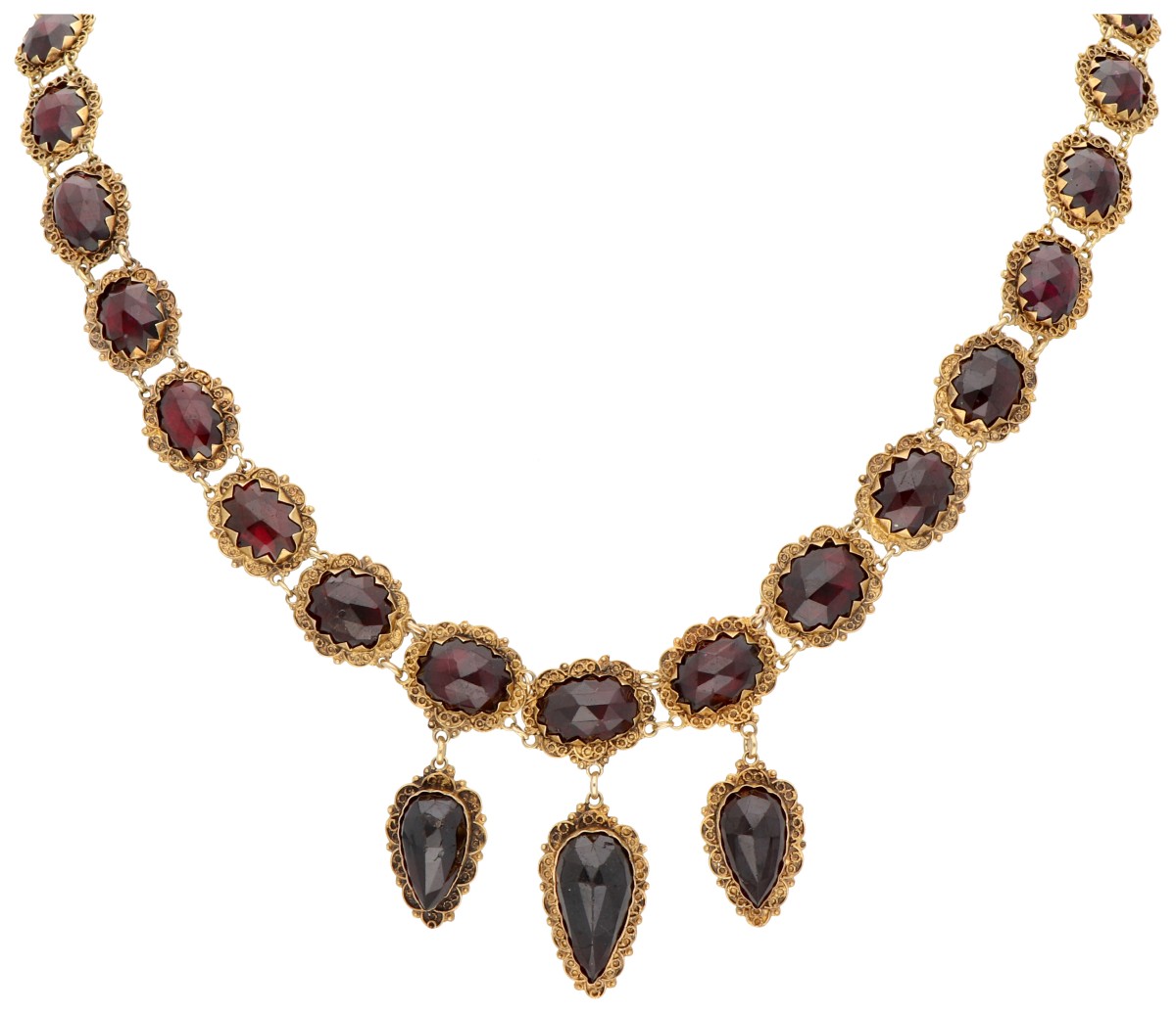 14K geelgouden antiek collier bezet met granaat