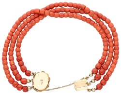 14K Geelgouden drie-rijige bloedkoralen armband 