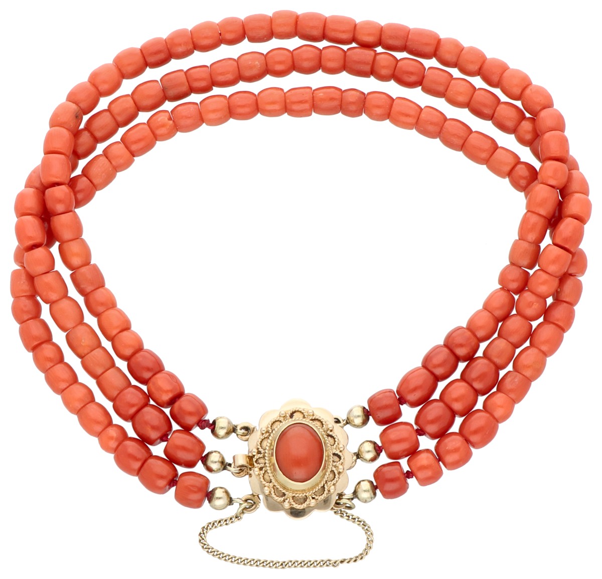 14K Geelgouden drie-rijige bloedkoralen armband 