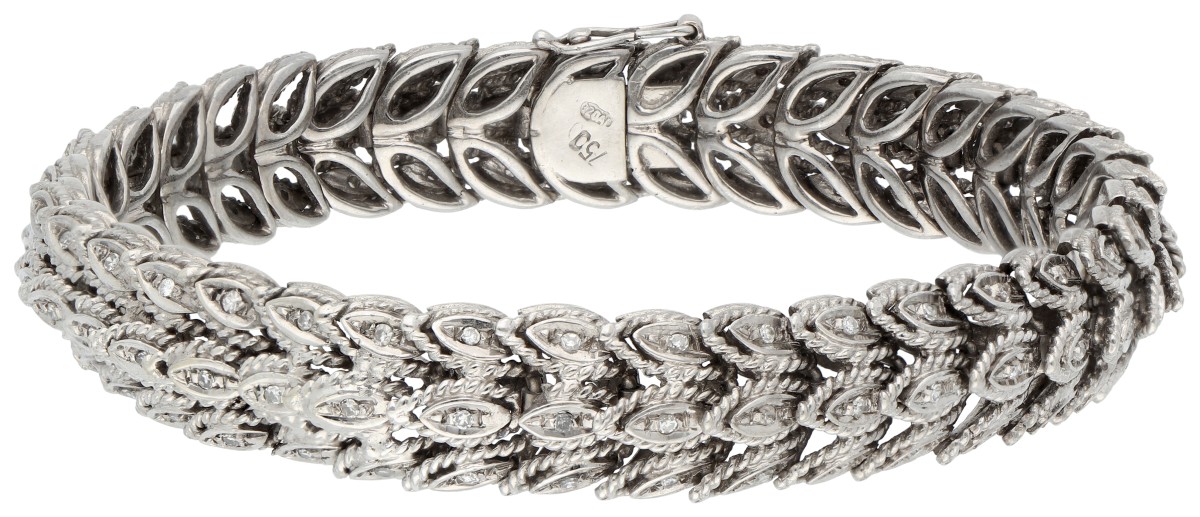 18K witgouden fantasie schakel armband bezet met ca. 0.33 ct. diamant