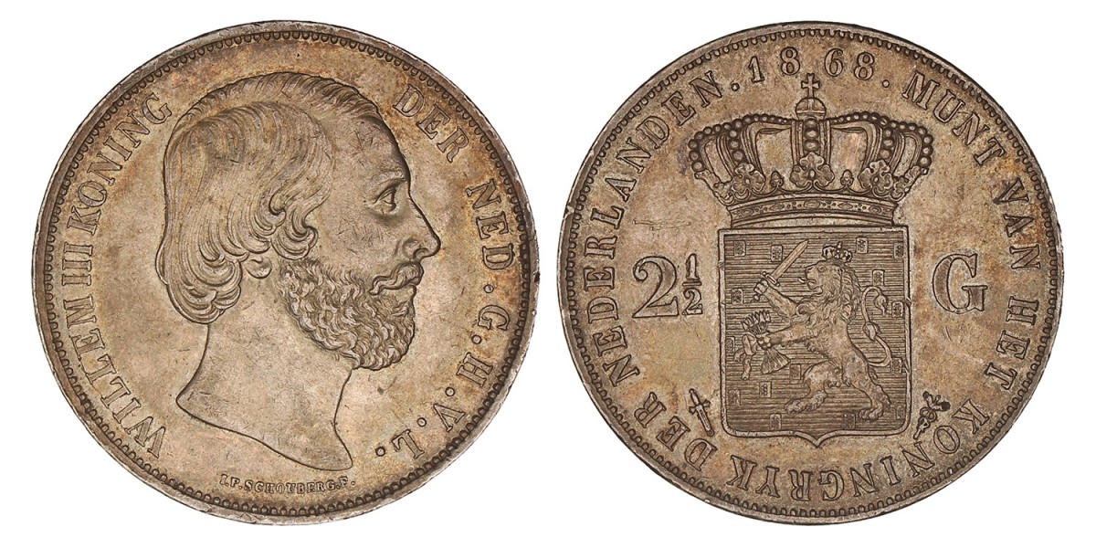 2½ Gulden Willem III 1868. Prachtig.