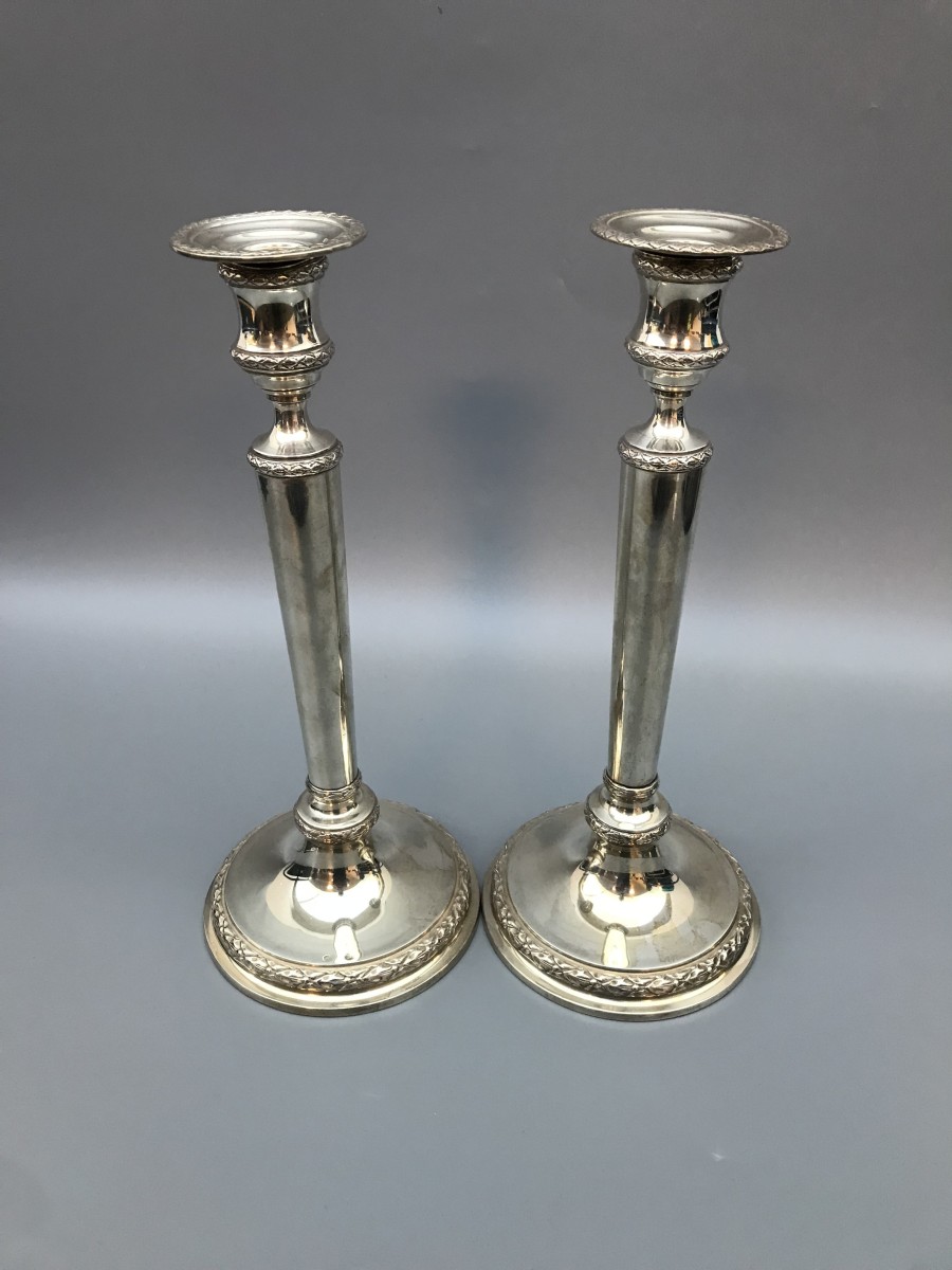 Kandelaars (2), J. Feysen, Brussel ca. 1900, zilver.