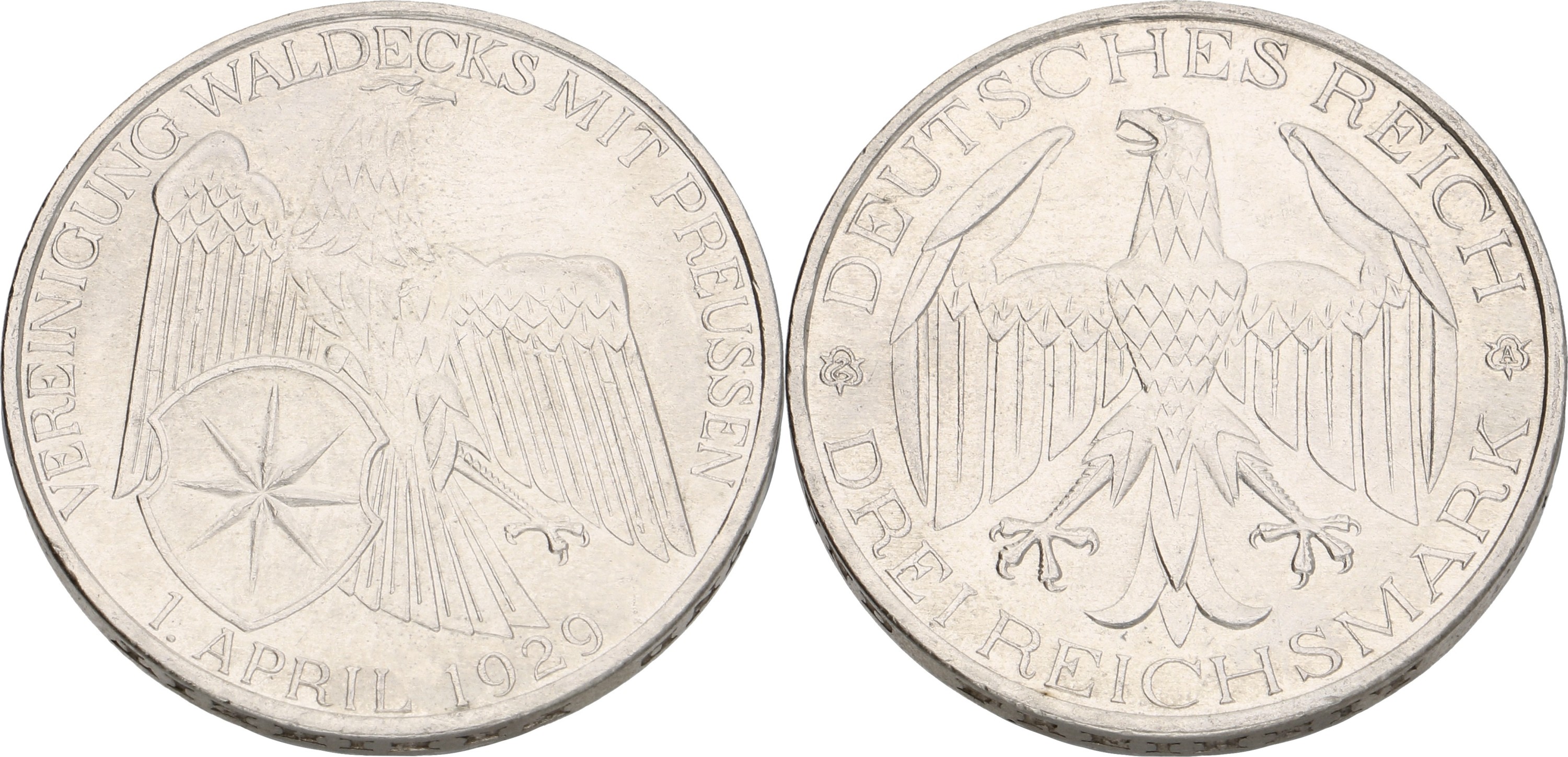 Germany. Weimar republic. 3 Mark - Unification of Waldeck & Prussia. 1929 A. UNC.
