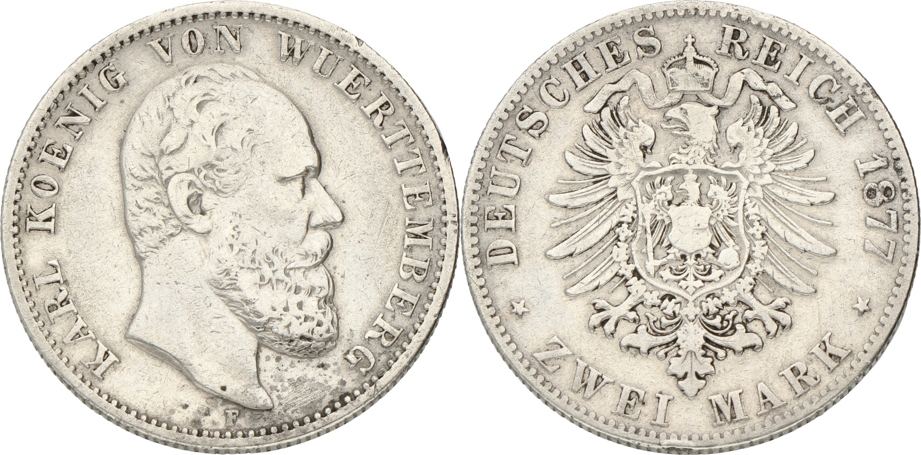 German states. Württemberg. Karl. 2 Mark. 1877 F. F / VF.