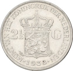 2½ Gulden. Wilhelmina. 1938. Wide hairlines. VF / XF